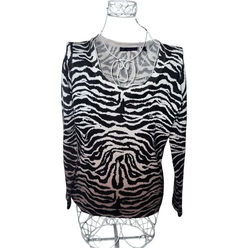 Beautiful SAK FIFTH AVENUE Sweater Womens CREAM/BROWN  Animal Print Cashmere Lon